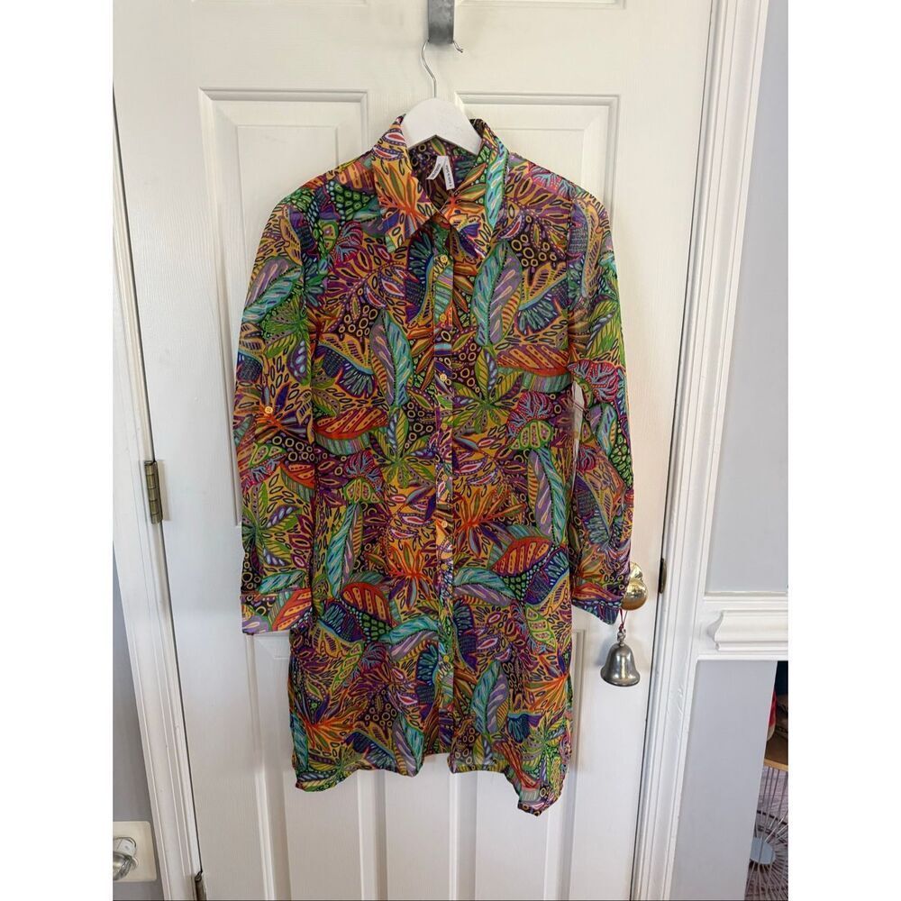Live 4 Truth Multi Color Leaf Print Sheer Button Down Tunic Duster Sz S NWT